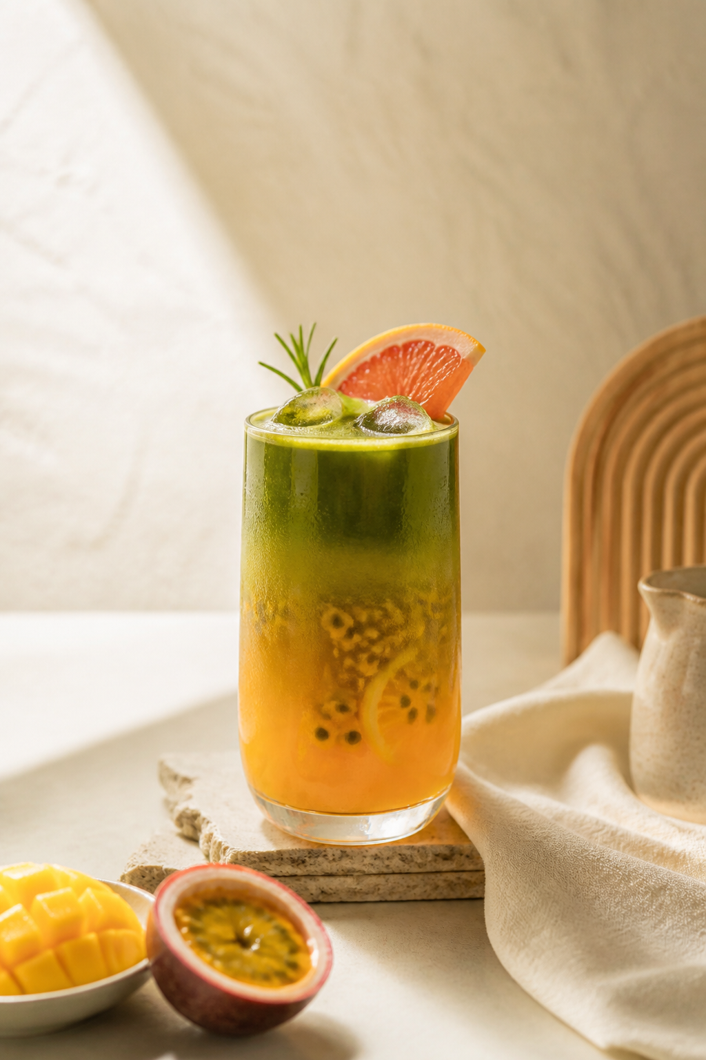 Matcha Fruit Tea, vibrant green matcha layered with bright fruit tea