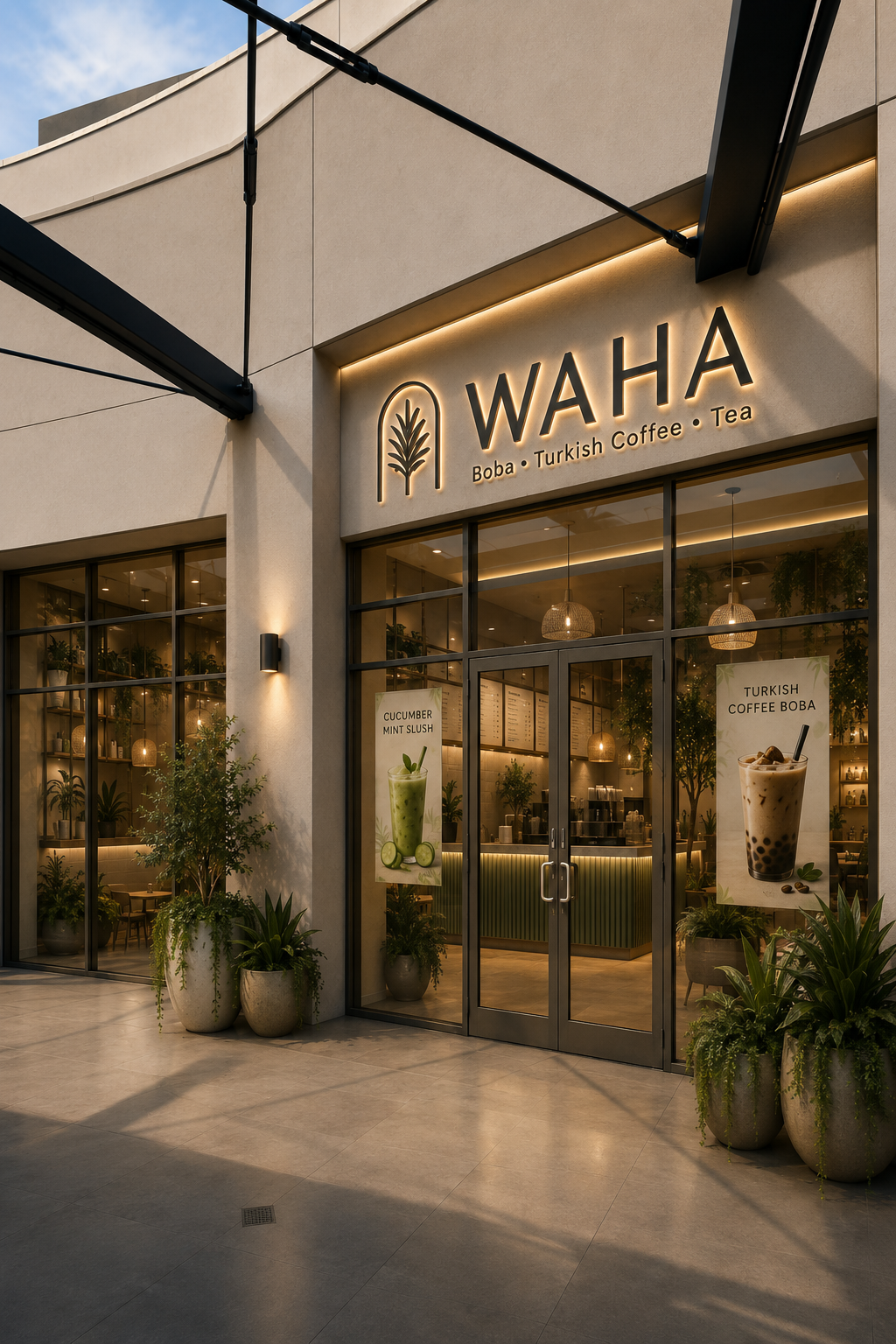 WAHA storefront concept, warm plaster facade, deep green counter details, brass lighting, and lush greenery